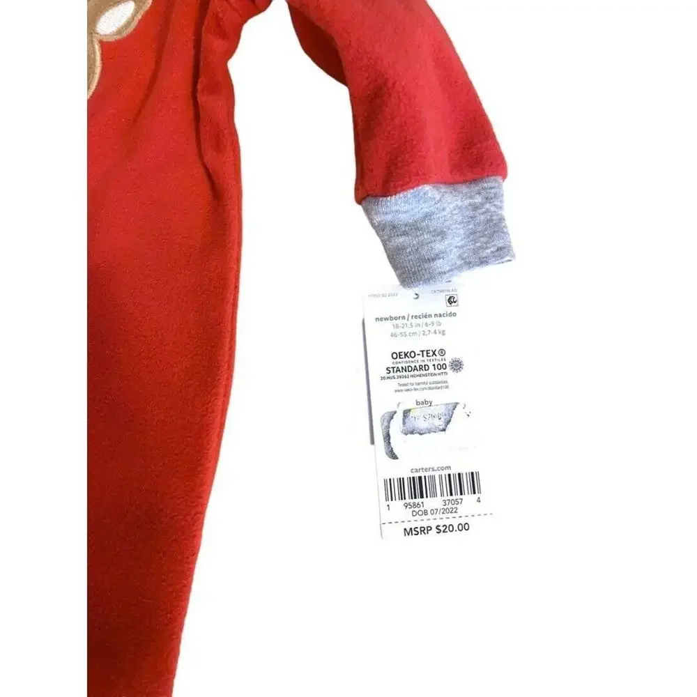 Newborn Carter's Red Reindeer Christmas Footed One Piece Fleece NWT Pajamas Pj's